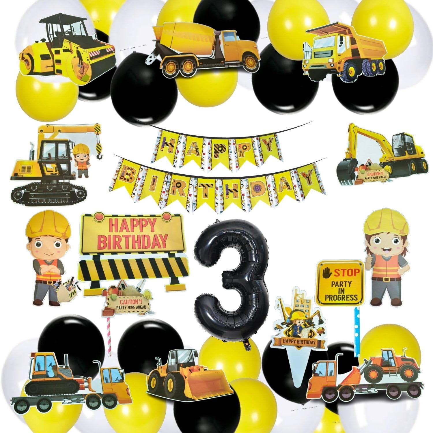 Fi  Flick In 47 Pcs Jcb Construction 3Rd Birthday Decoration Set Of Happy Birthday Cardstock Paper Banner Transport Theme Dump 