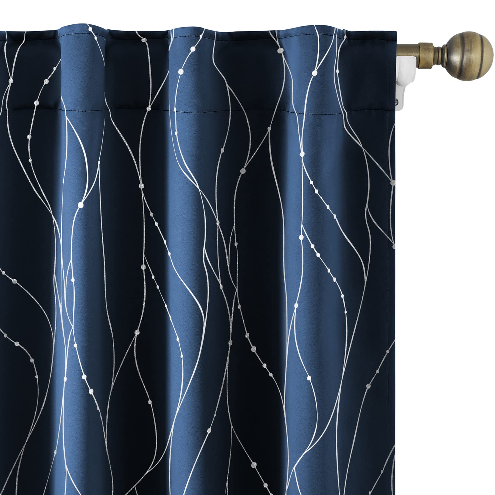 Homeideas Navy Blue Blackout 52 X 84 Inches Long 2 Panels Kids Curtains For Boys Curtains With Silver Line, Back Tab And Pocket