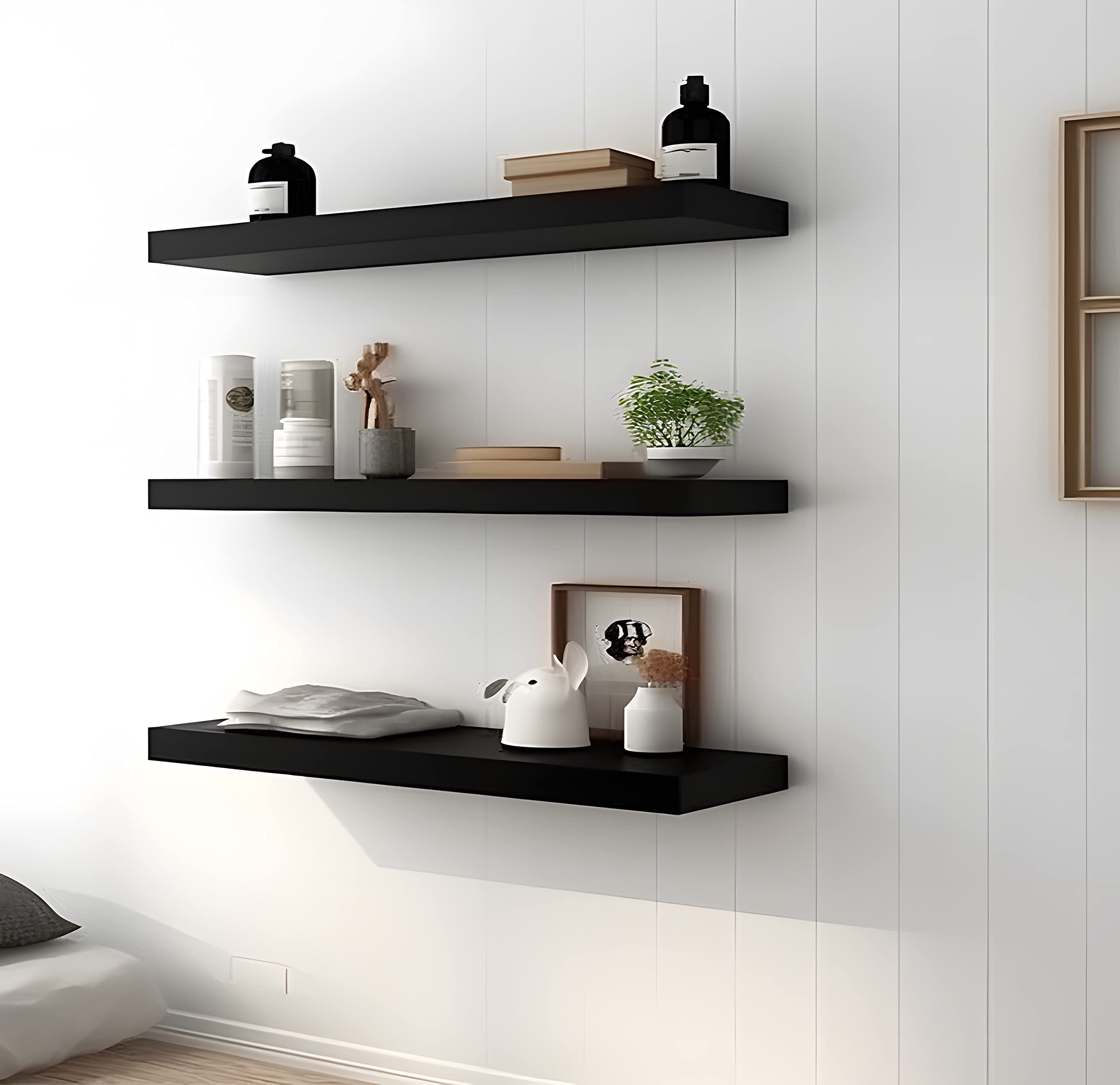 Hxswy 24 Inch Rustic Floating Shelves Wall Mounted Farmhouse Wooden Wall Shelf For Bathroom Kitchen Bedroom Living Room Set Of 6 Black