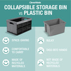 Clevermade Collapsible Storage Bin, Stone, 3Pk - 62L (16 Gal) Stackable Storage Containers, Holds 100Lbs Per Bin - Plastic Stora