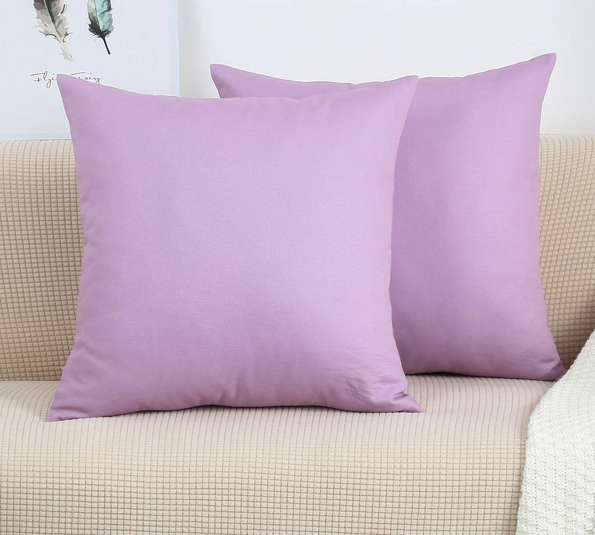 Tangdepot Handmade Decorative Solid 100% Cotton Canvas Throw Pillow Covers/Pillow Shams, (18'X18', Light Purple Lavende)