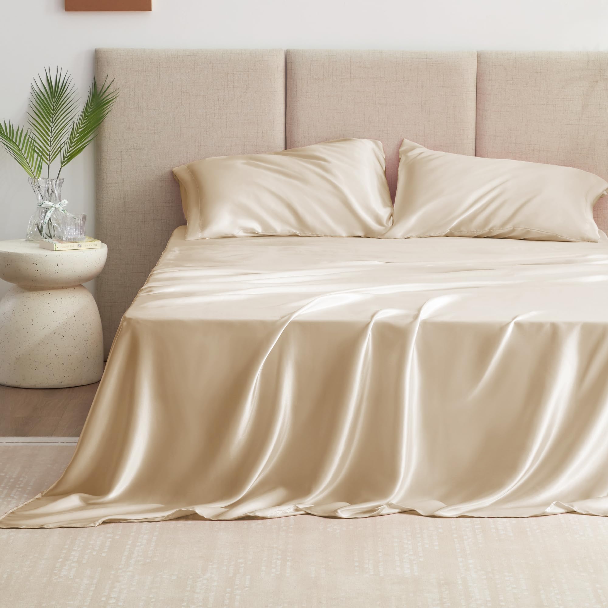 Love'S Cabin Twin Satin Sheets Sets - 3 Piece Beige Silky Satin Bed Sheets Twin With Deep Pockets, Luxury Silk Feel Satin Twin Size Sheet Set Bedding Set (1 Flat Sheet,1 Fitted Sheet,1 Pillow Case)