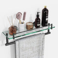 KOCOK Glass Shelf for Bathroom with Towel Bar,16-Inches Black Glass Bathroom Shelves with Towel Rack Stainless Steel Tempered Gl