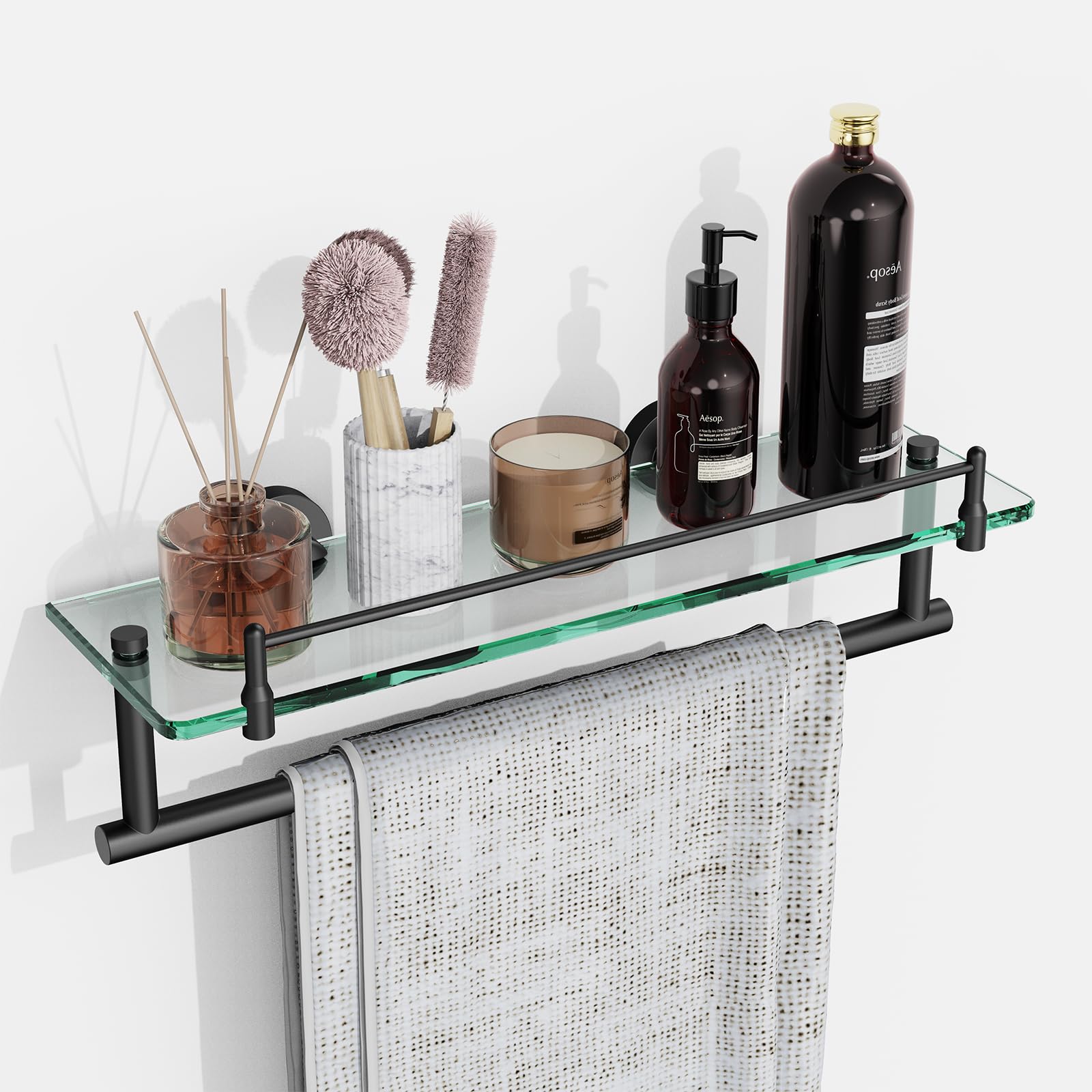 KOCOK Glass Shelf for Bathroom with Towel Bar,16-Inches Black Glass Bathroom Shelves with Towel Rack Stainless Steel Tempered Gl