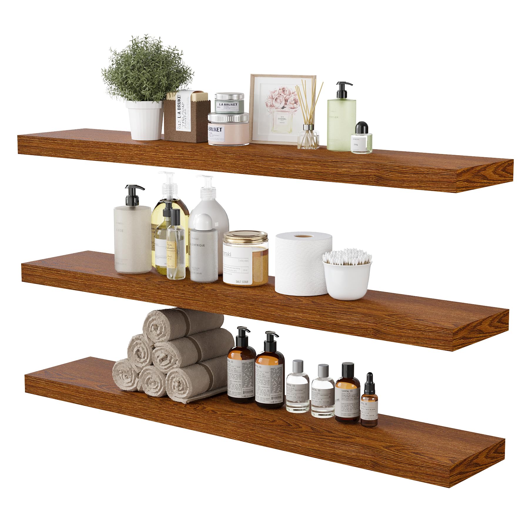 Bameos Floating Shelves, American Oak Wall Mounted Wooden Shelves With Invisible Brackets Set Of 3, Hanging Wall Shelves Decoration For Bedroom, Bathroom, Living Room And Kitchen