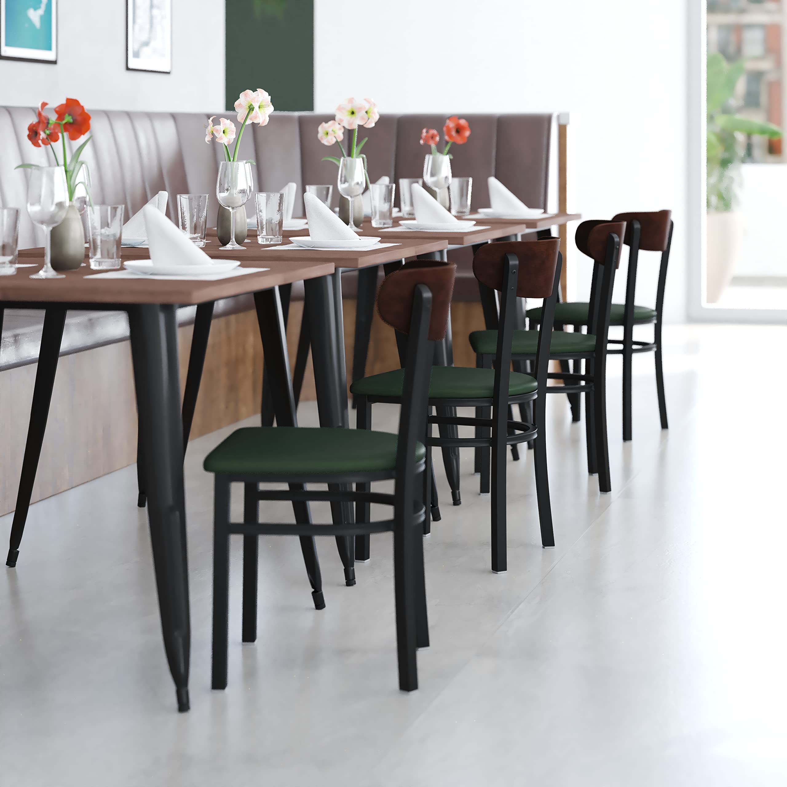 Flash Furniture Wright Commercial Dining Chair 521 LB. Capacity Black Steel Frame-Integrated Footrest, 1 Pack, Walnut Wood Back/Green Vinyl Seat