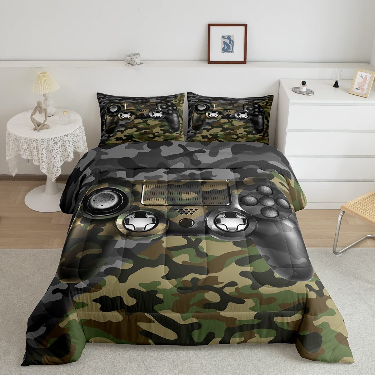 Kids Gamer Comforter Set Camouflage Gaming Bedding Set For Boys Teens Bedroom Green Black Camo Video Game Decor Comforter Gamer