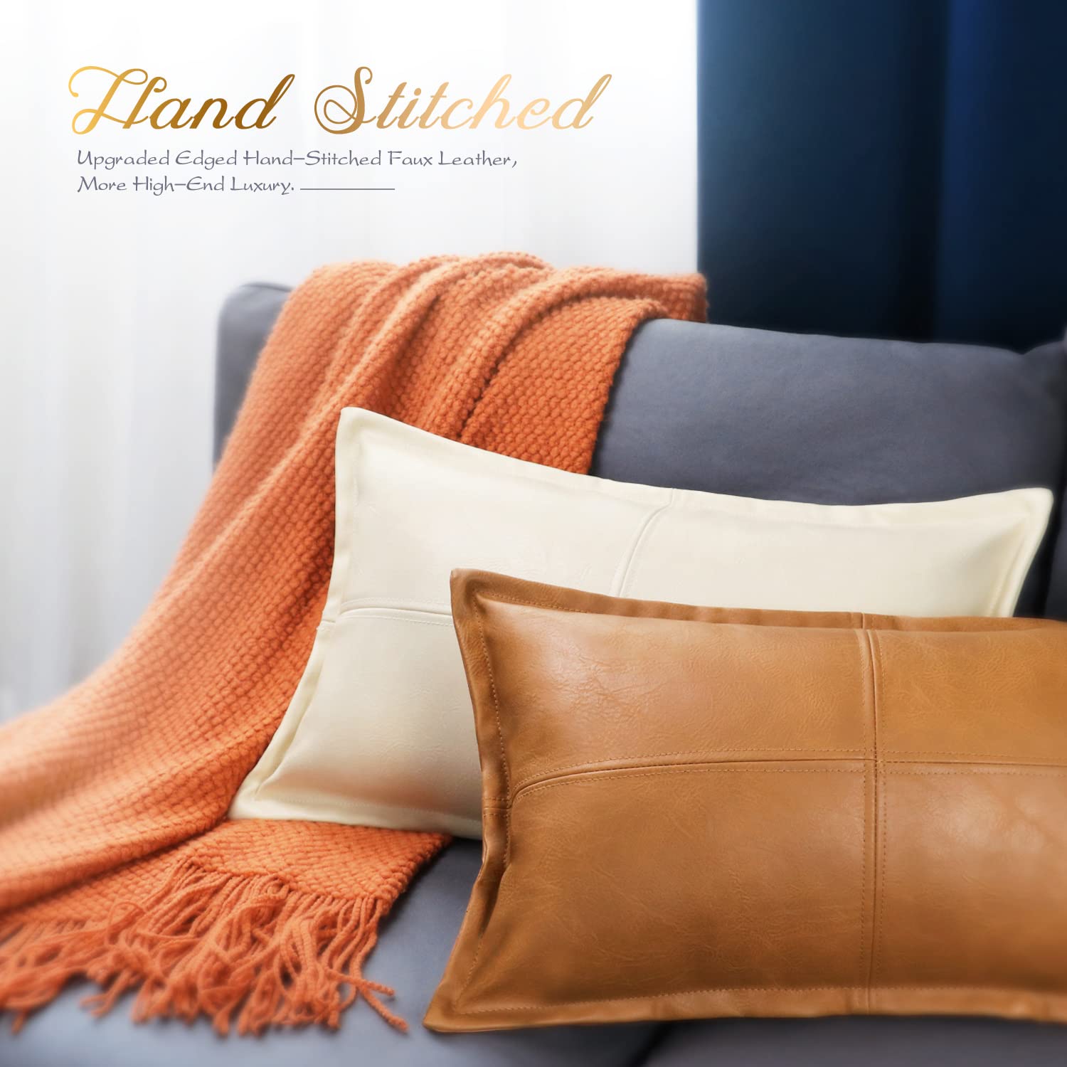 Brawarm Tan Leather Throw Pillow 12 X 20 Inches, Faux Leather Pillow Cover With Piping, Hand Stitched Leather Decorative Lumbar