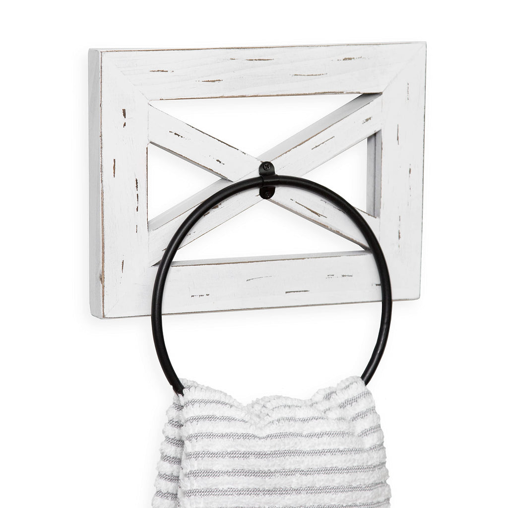 Ilyapa Rustic Hand Towel Ring for Bathroom- Wall Mounted Bathroom Hand Towel Holder - White Wood & Black Metal Ring, Farmhouse D