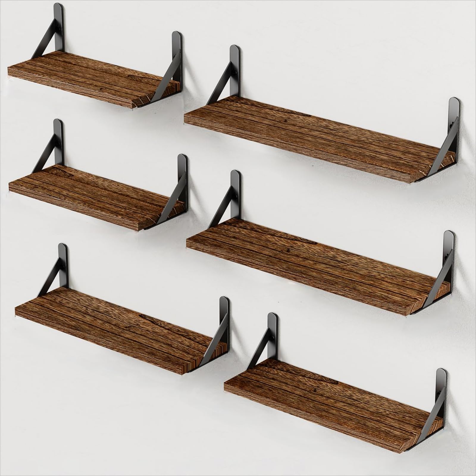 Amada Homefurnishing Wall Shelves Set Of 6, Wood Floating Shelves For Wall Decor, Rustic Farmhouse Wall Shelves For Bedroom, Bathroom Shelves For Wall Storage, Book Shelves For Living Room, Brown