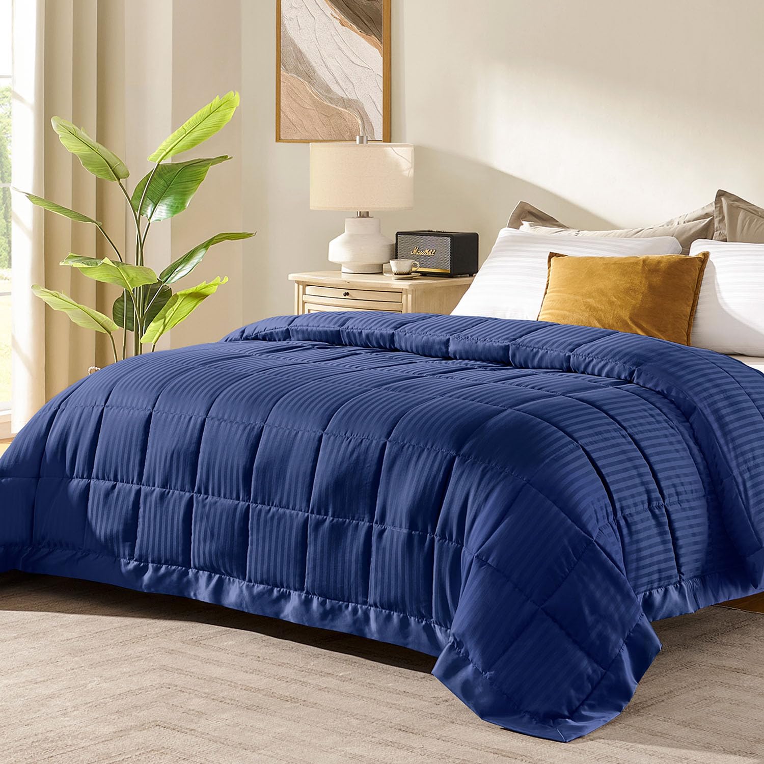 Downluxe King Size Blanket With Satin Trim, Lightweight Down Alternative King Blanket For All Season, Machine Washable (Navy, 90