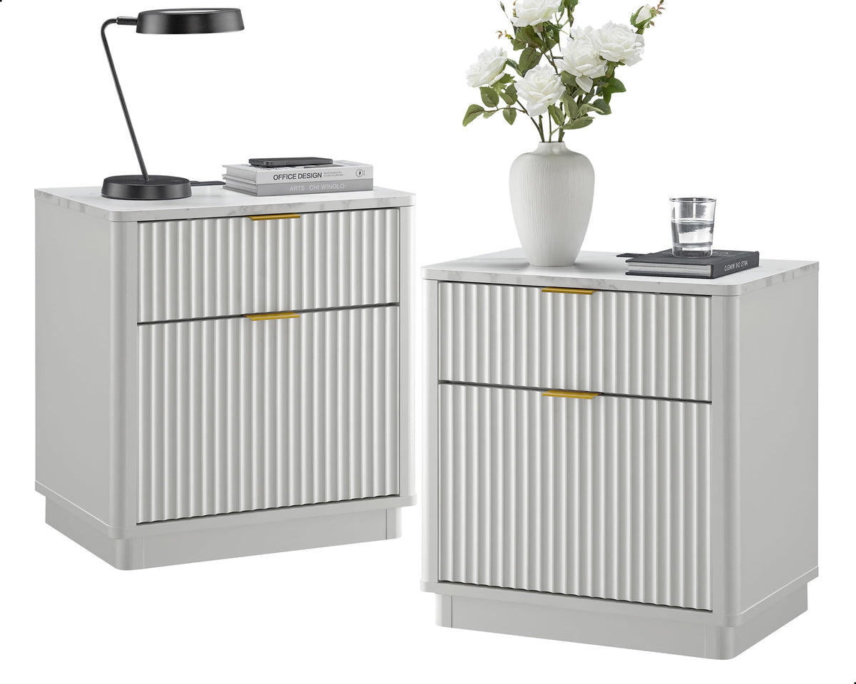 T4Tream 23 ' ' Fluted Nightstand Set Of 2 With Charging Station, Large 2 Drawer Bedside Table, Modern End Table With Storage, Mi