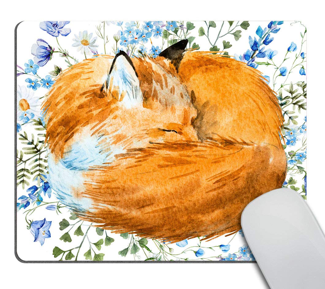 Smooffly Mousepad Fox Mousepad Floral Blue Flowers Mousepad Animal Mousepad Cute Mousepad Desk Accessories Office Supplies