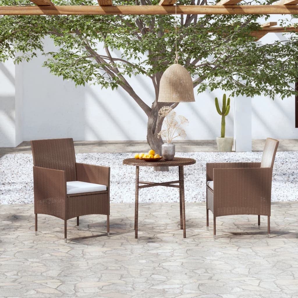 vidaXL 3 Piece Patio Dining Set - Poly Rattan Garden Furniture with Cushioned Chairs and Round Table - Brown/Cream White, Weather-Resistant, Ideal for Garden, Patio, or Outdoor Use