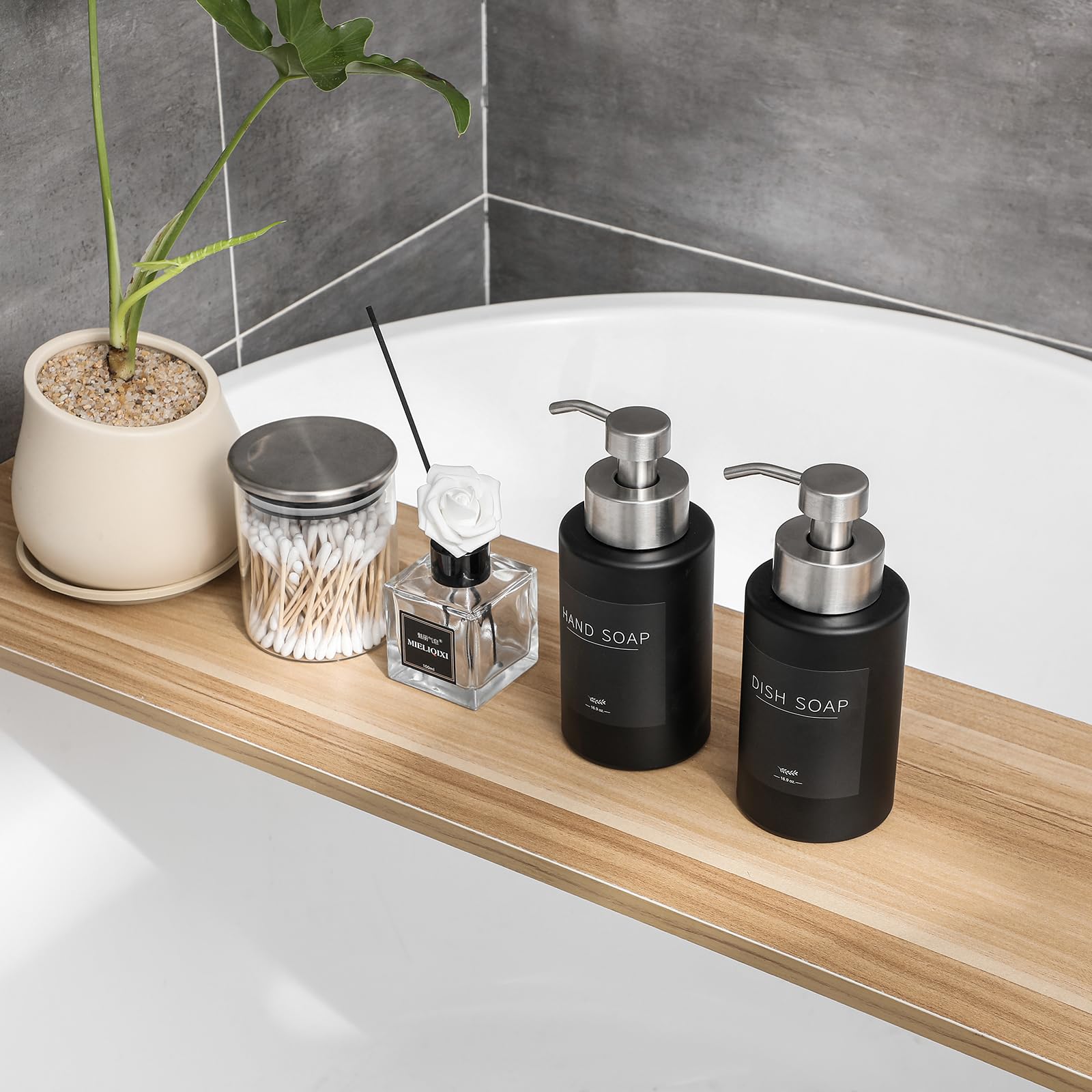 Foaming Soap Dispenser Set, 12 Oz Glass Hand Soap Dispenser With 304 Rust Proof Stainless Steel Pump, Waterproof Labels, For Bat