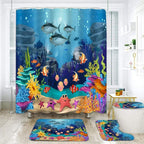 Nbvko 4Pcs Cartoon Blue Ocean And Creature Shower Curtain Set With Non-Slip Rugs,Toilet Lid Cover And Bath Mat,Bathroom Shower D