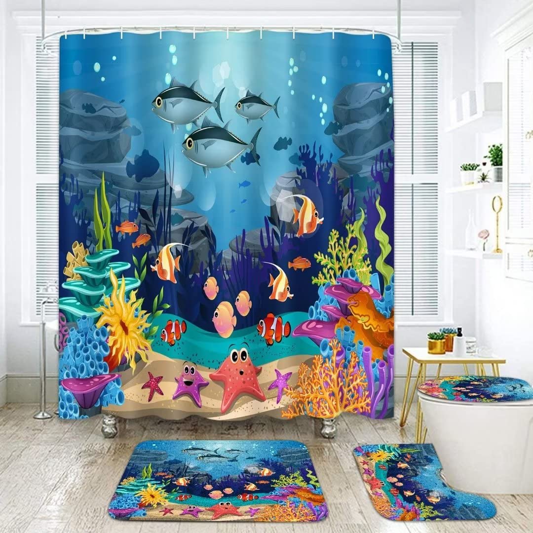 Nbvko 4Pcs Cartoon Blue Ocean And Creature Shower Curtain Set With Non-Slip Rugs,Toilet Lid Cover And Bath Mat,Bathroom Shower D