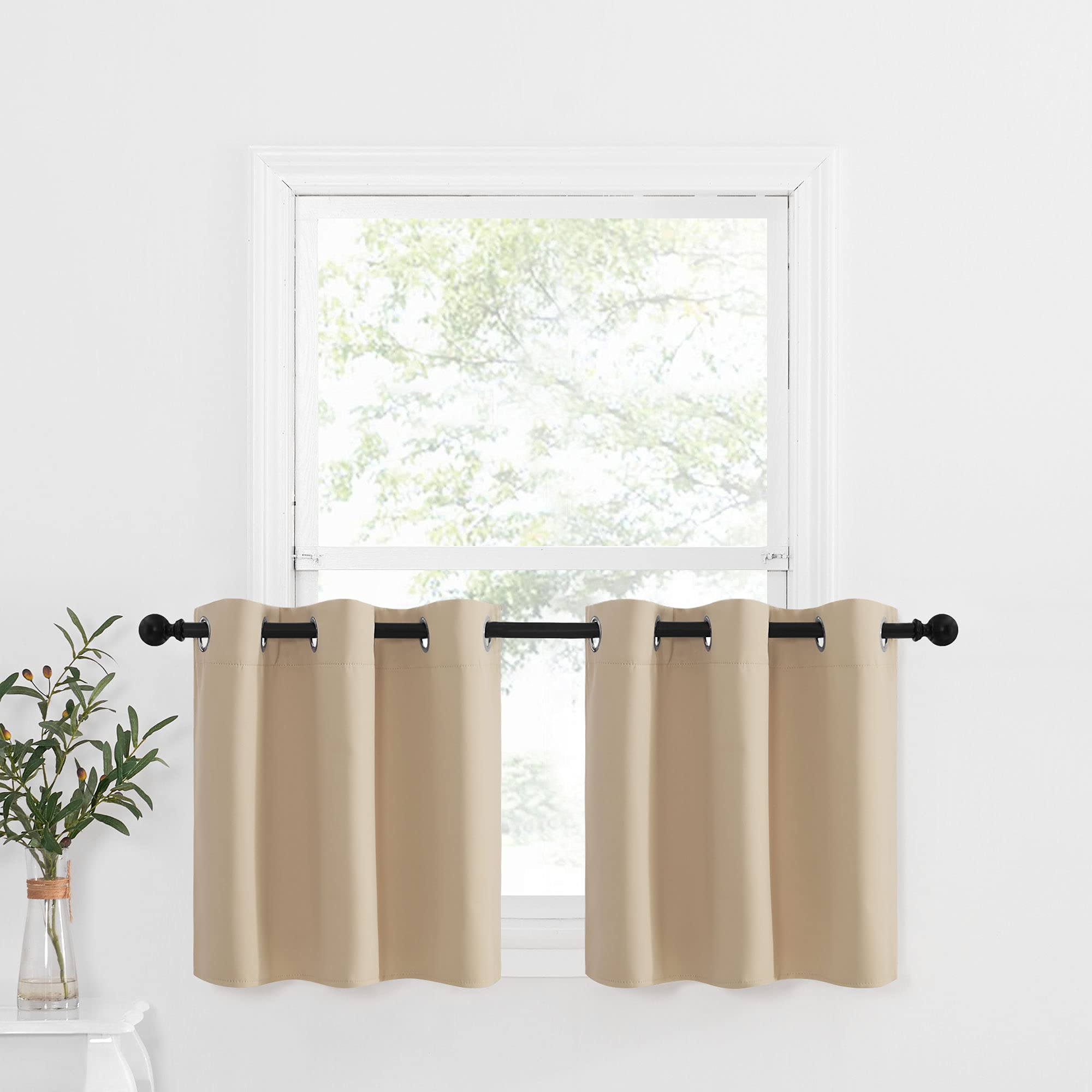 Nicetown Small Tiers Window Kitchen Valances - Farmhouse Style Thermal Insulated Room Darkening Window Treatment Curtains/Drapes (Biscotti Beige, 2 Panels, 42W By 24L With 1.2 Inches Header)
