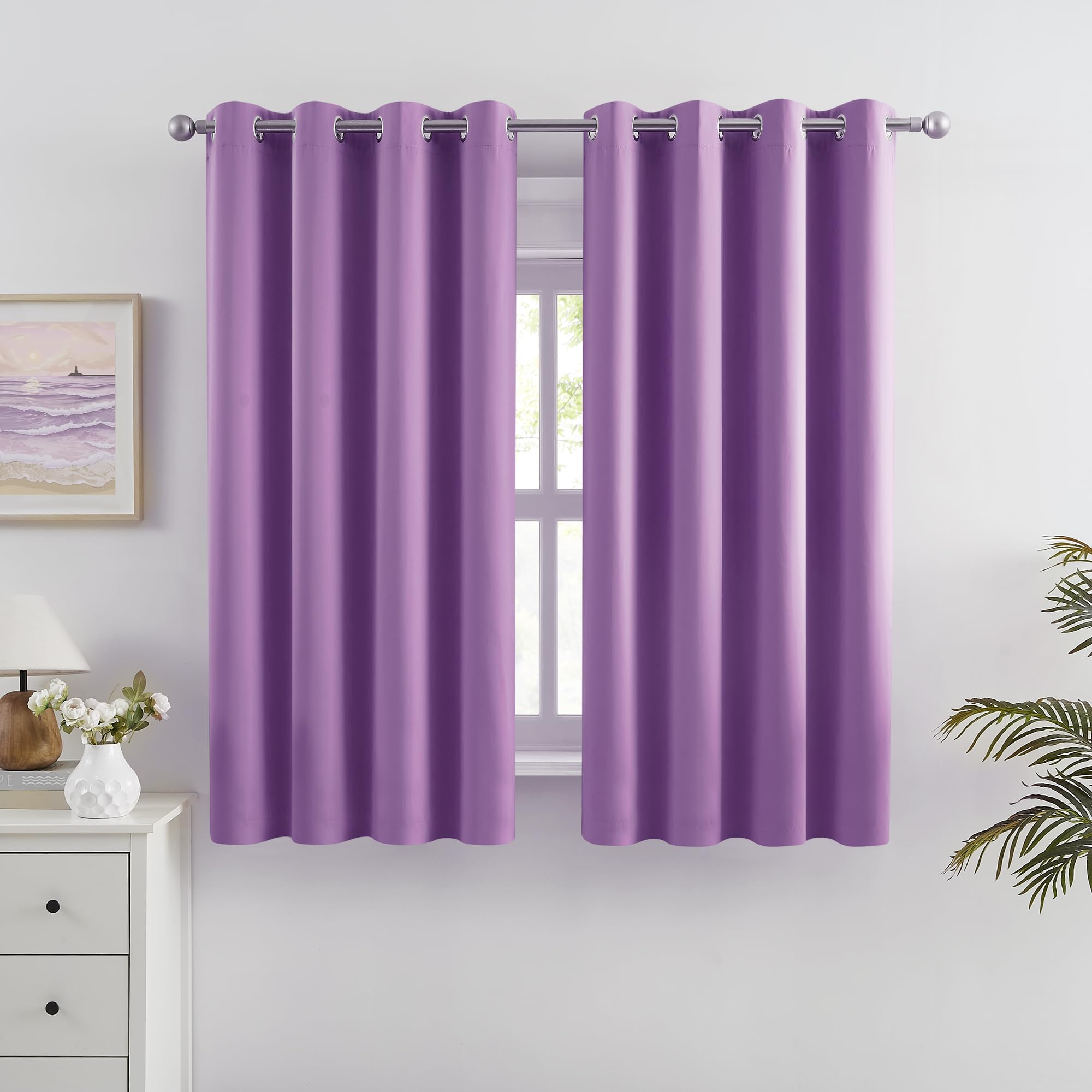 Dualife Purple Curtain Panels For Girls Room 45 Inch Length Solid Energy Efficient Room Darkening Bedroom Curtains For Short Win