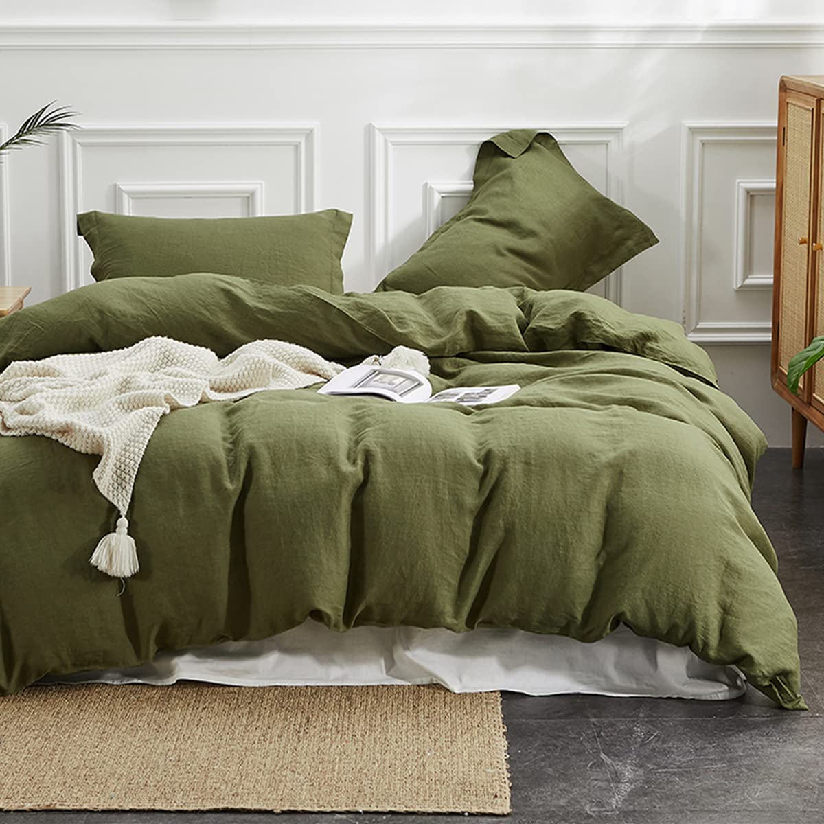 Simple&Opulence 100% Linen Duvet Cover Set 3Pcs Basic Style Natural French Washed Flax Solid Color Soft Breathable Farmhouse Bedding With Button Closure - Olive Green, Full