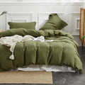 Simple&Opulence 100% Linen Duvet Cover Set 3Pcs Basic Style Natural French Washed Flax Solid Color Soft Breathable Farmhouse Bedding With Button Closure - Olive Green, Full