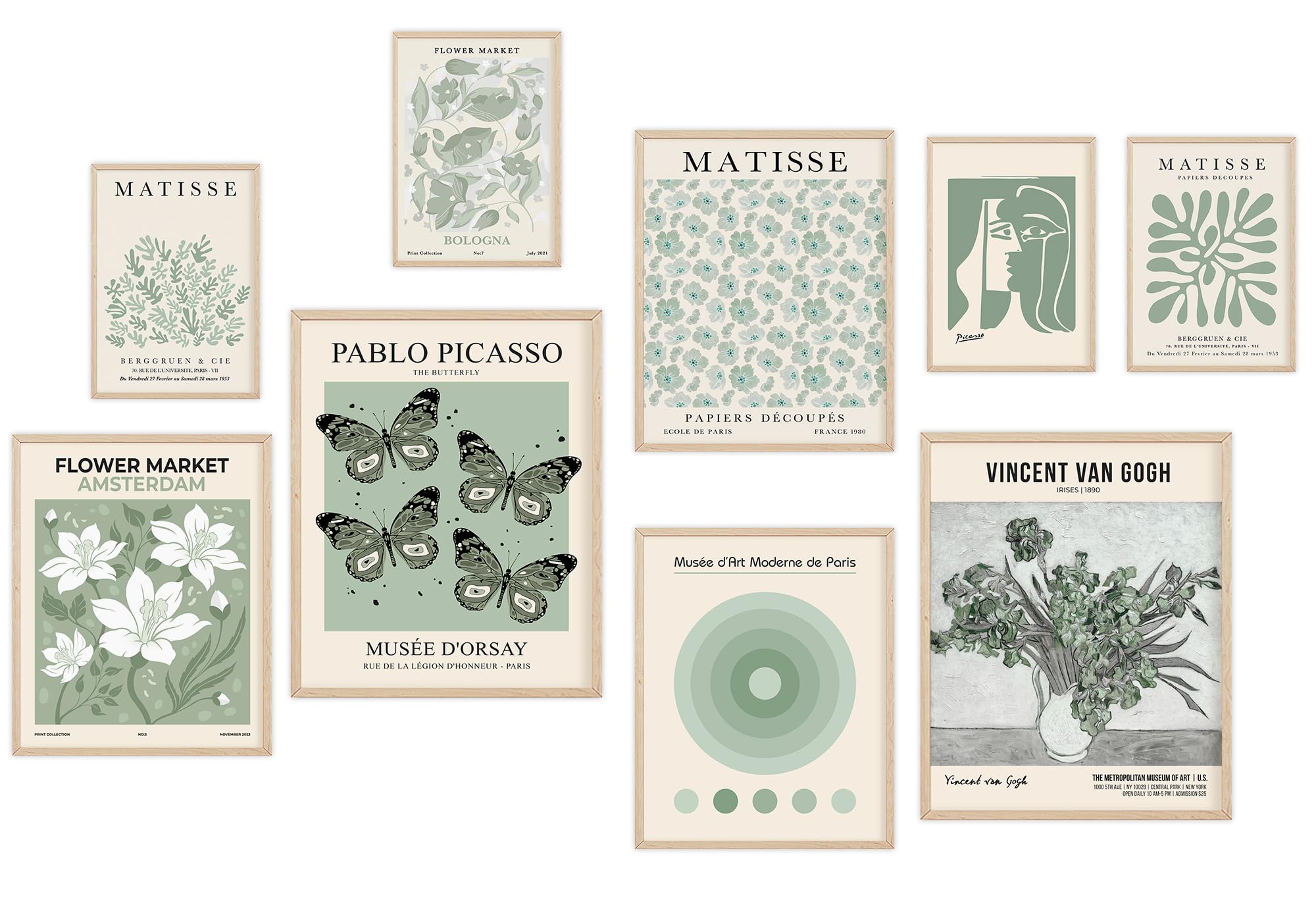 KONGSY Sage Green Wall Art Prints Set of 9, Abstract Matisse Exhibition Posters, Boho Art Prints, Sage Green Wall Decor, Aesthet