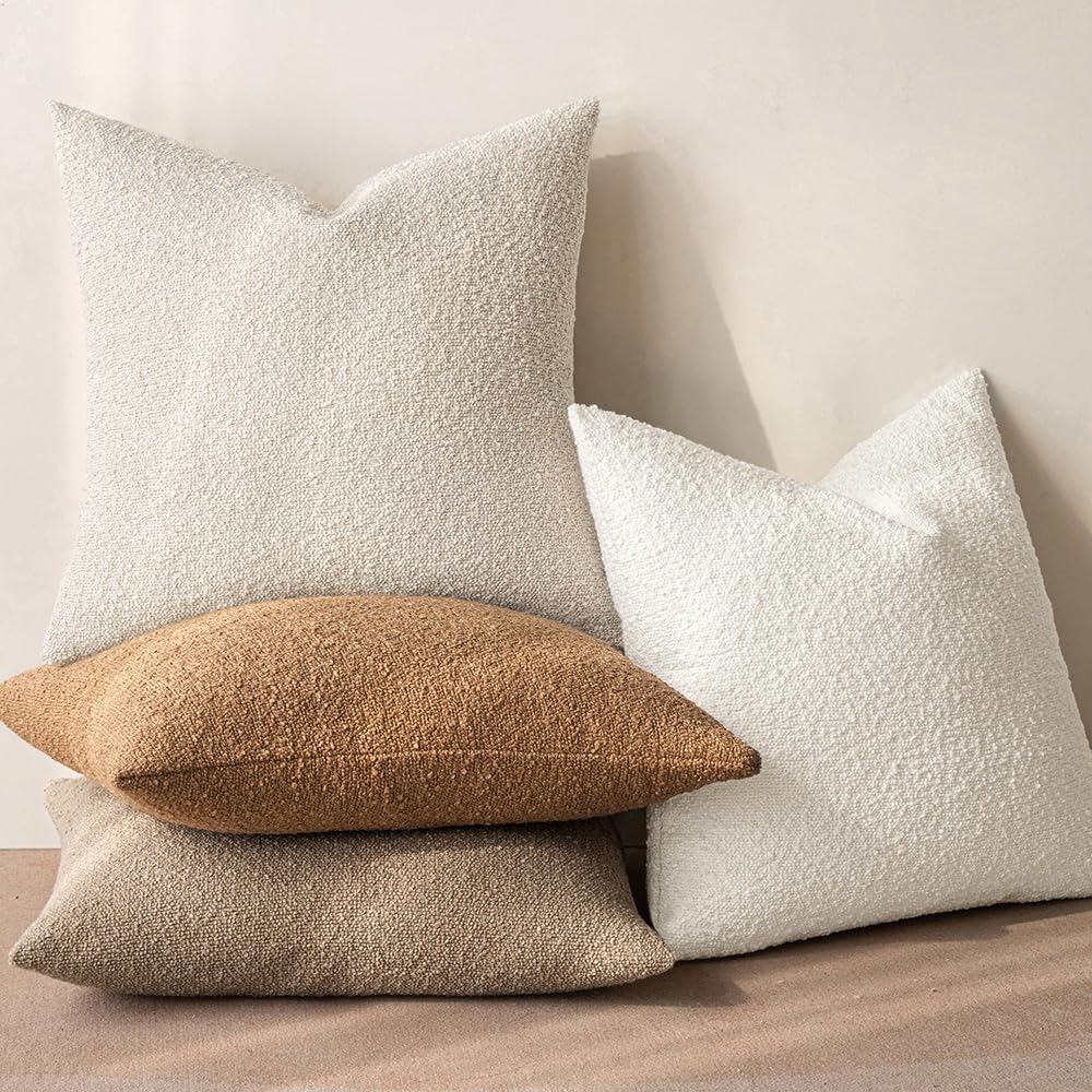 Miulee 22X22 Inch Decorative Pillow Covers For Couch Bed Set Of 2 Textured Boucle Neutral Throw Pillows Natural Beige Accent Solid Euro Cushion Pillowcase Cozy Soft Chair Sofa Livingroom Home Decor