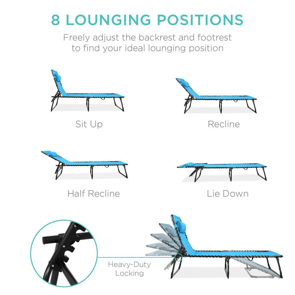 Best Choice Products Patio Chaise Lounge Chair, Portable Outdoor Folding Recliner For Lawn, W/ 8 Positions, Handles, 300Lb Capacity - Light Blue