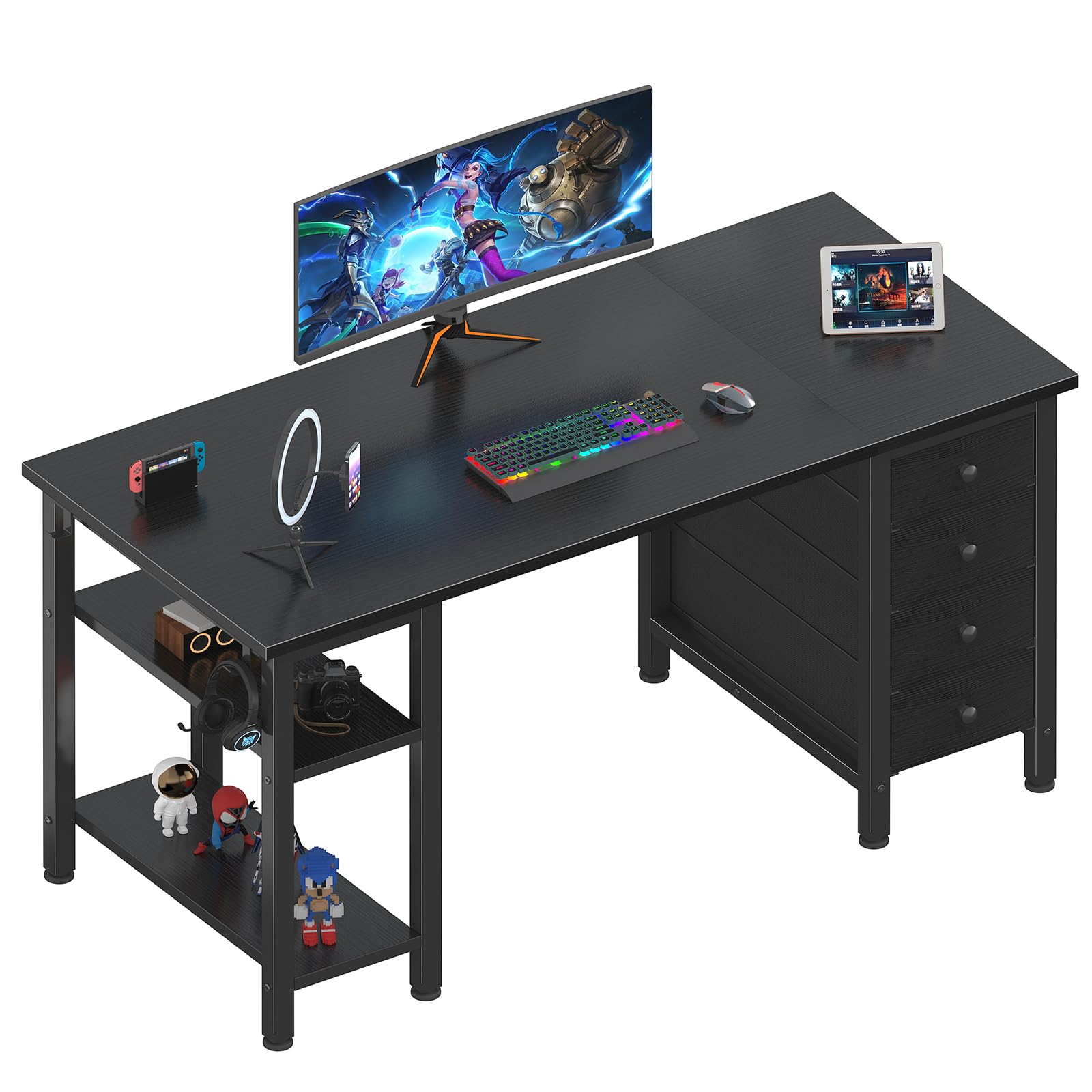 Lufeiya Gaming Desk With 4 Fabric Drawers & Storage Shelves, 47 Inch Computer Writing Work Study Desk For Home Office Bedroom, Modern Simple Student Pc Desks Table, Black