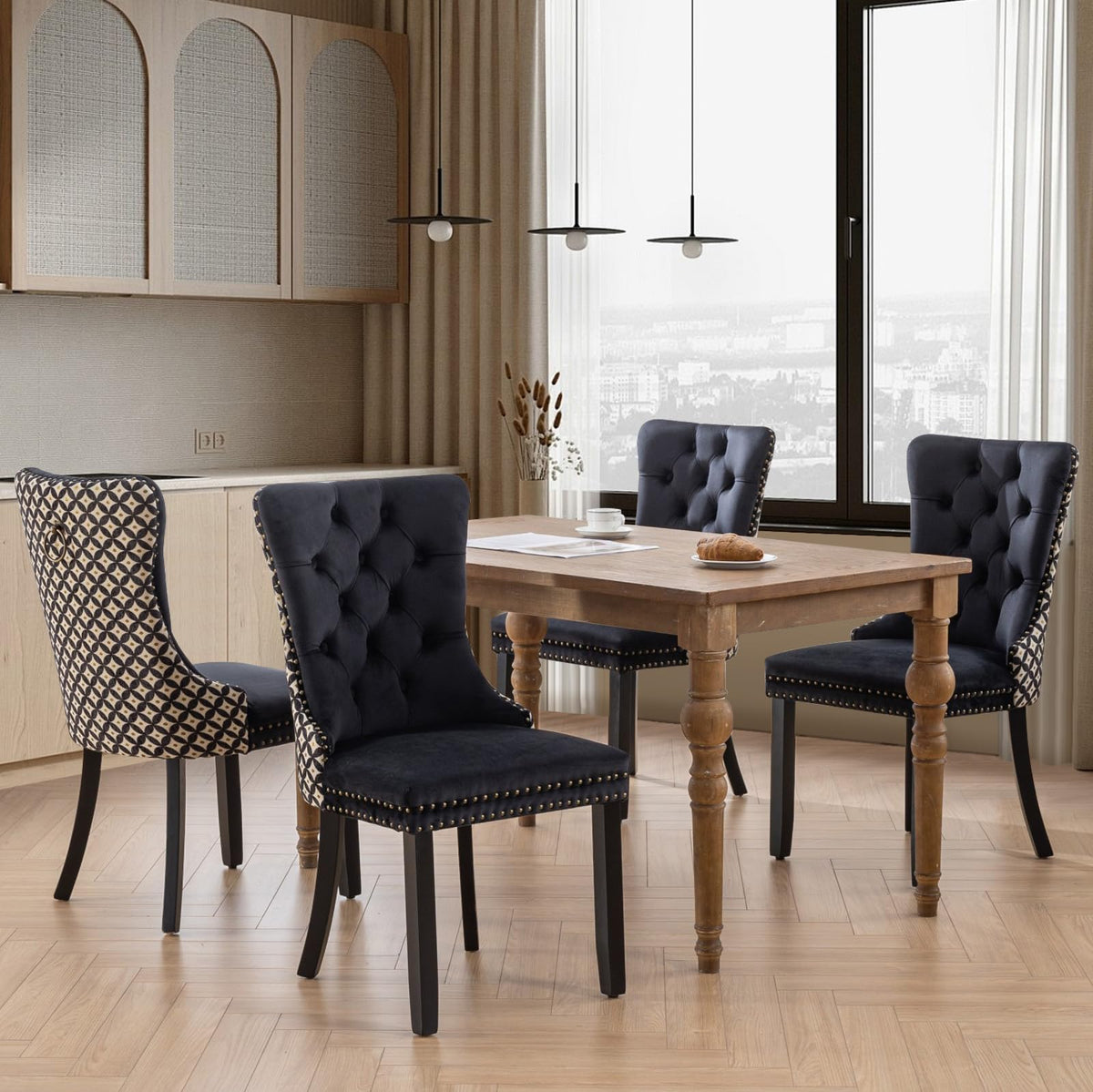 Soarflash Velvet Dining Chairs Set Of 4, Tall Back Side Chair, Modern Upholstered Side Chair With Button Back Ring, Solid Wood L