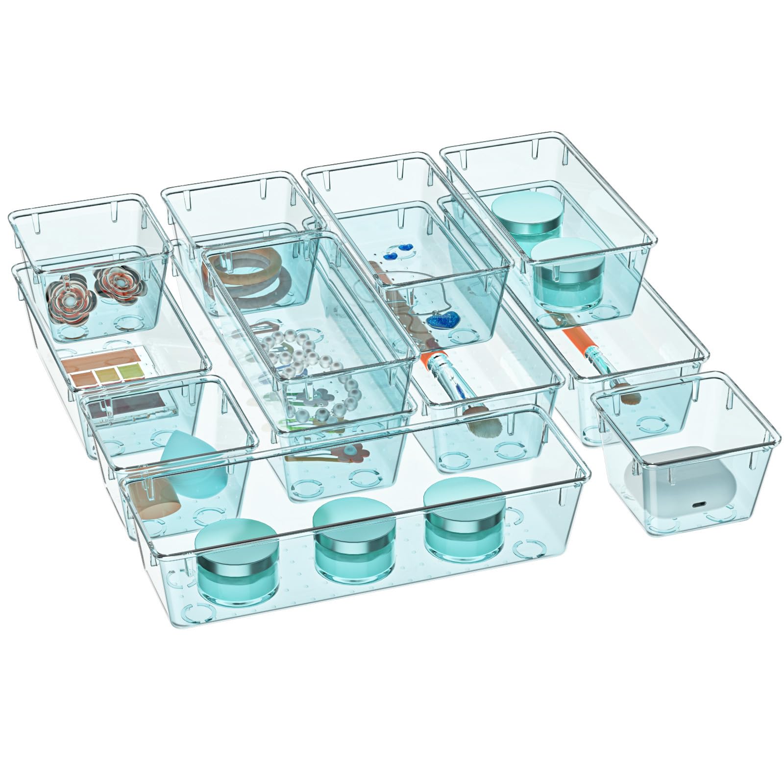 Wowbox 12 Pack Clear Drawer Organizer Set, Acrylic Drawer Storage Trays, Storage Bins For Makeup, Cosmetics, Jewelries, Utensils