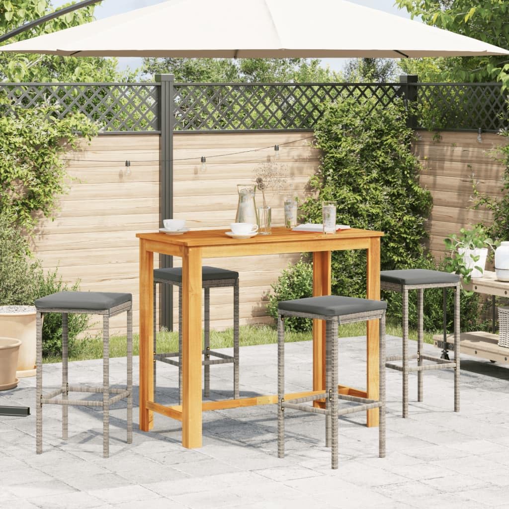 vidaXL 5-Piece Patio Bar Set - Gray Poly Rattan and Solid Acacia Wood, Contemporary Outdoor Furniture with Cushions, Grey, 3295284