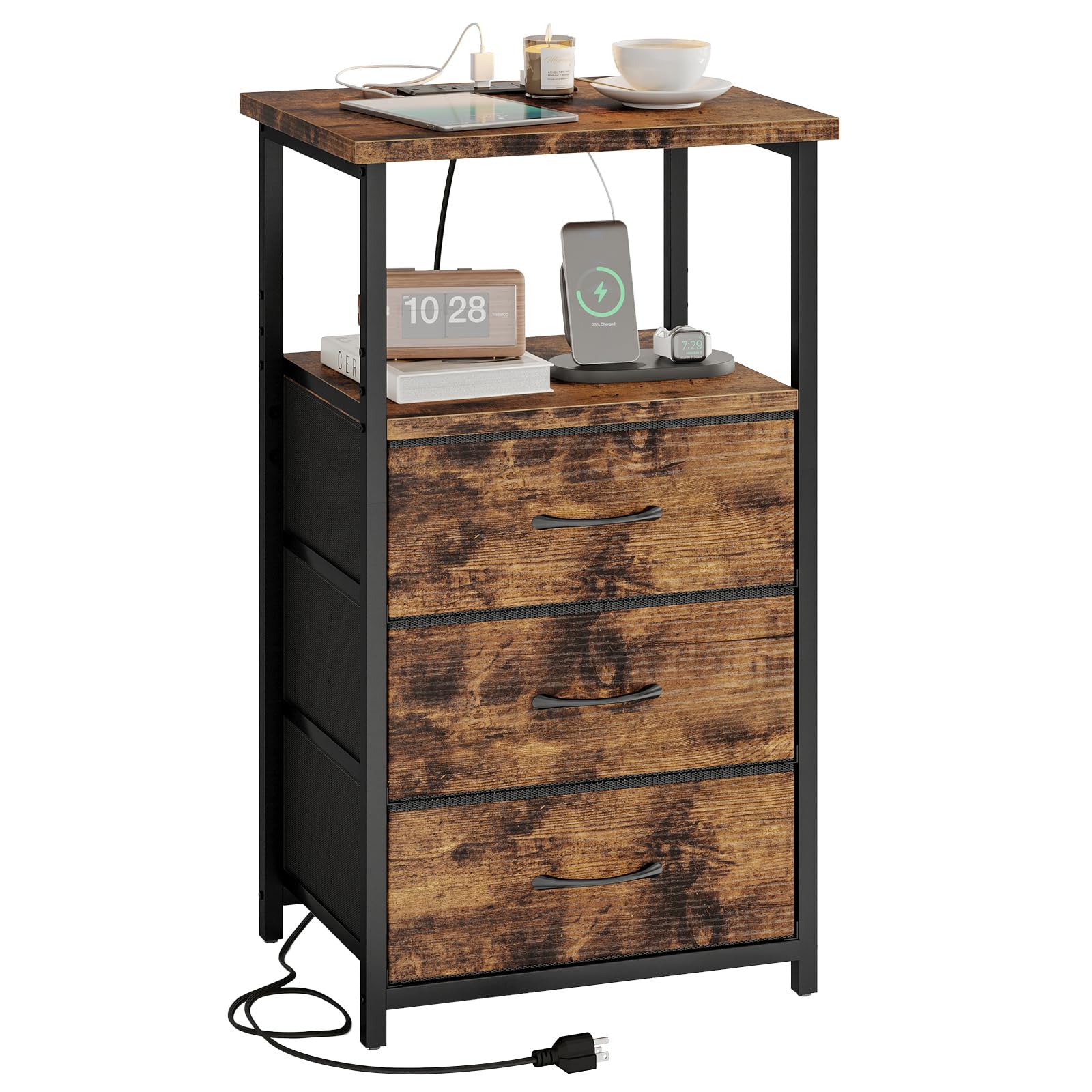 Fixwal Night Stand with 3 Fabric Drawers, Tall Nightstand for Bedroom, Bedside Table with Charging Station End Table with Storag