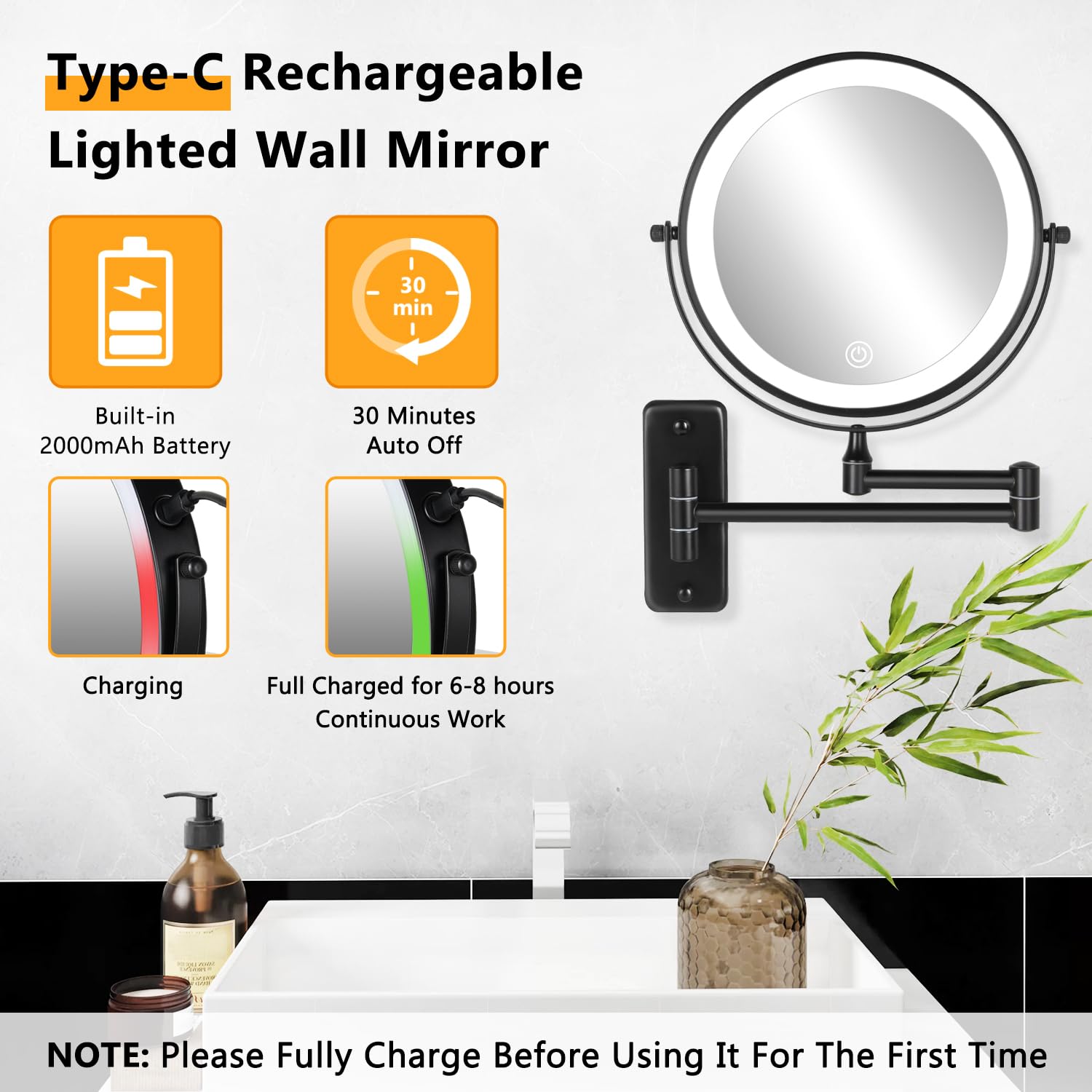 Decluttr Rechargeable Wall Mounted Lighted Makeup Mirror, 8 Inch 10X Magnifying Mirror With 3 Color Lights, Dimmable Touch Scree