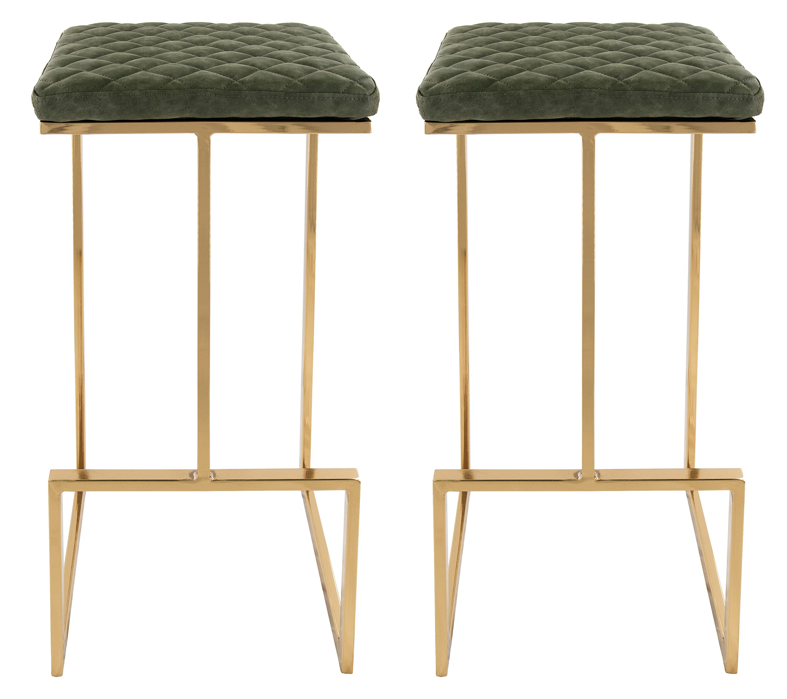 Leisuremod Quincy Quilted Stitched Leather Kitchen Counter Bar Stools With Gold Metal Frame Set Of 2 (Olive Green)