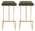LeisureMod Quincy Quilted Stitched Leather Kitchen Counter Bar Stools with Gold Metal Frame Set of 2 (Olive Green)