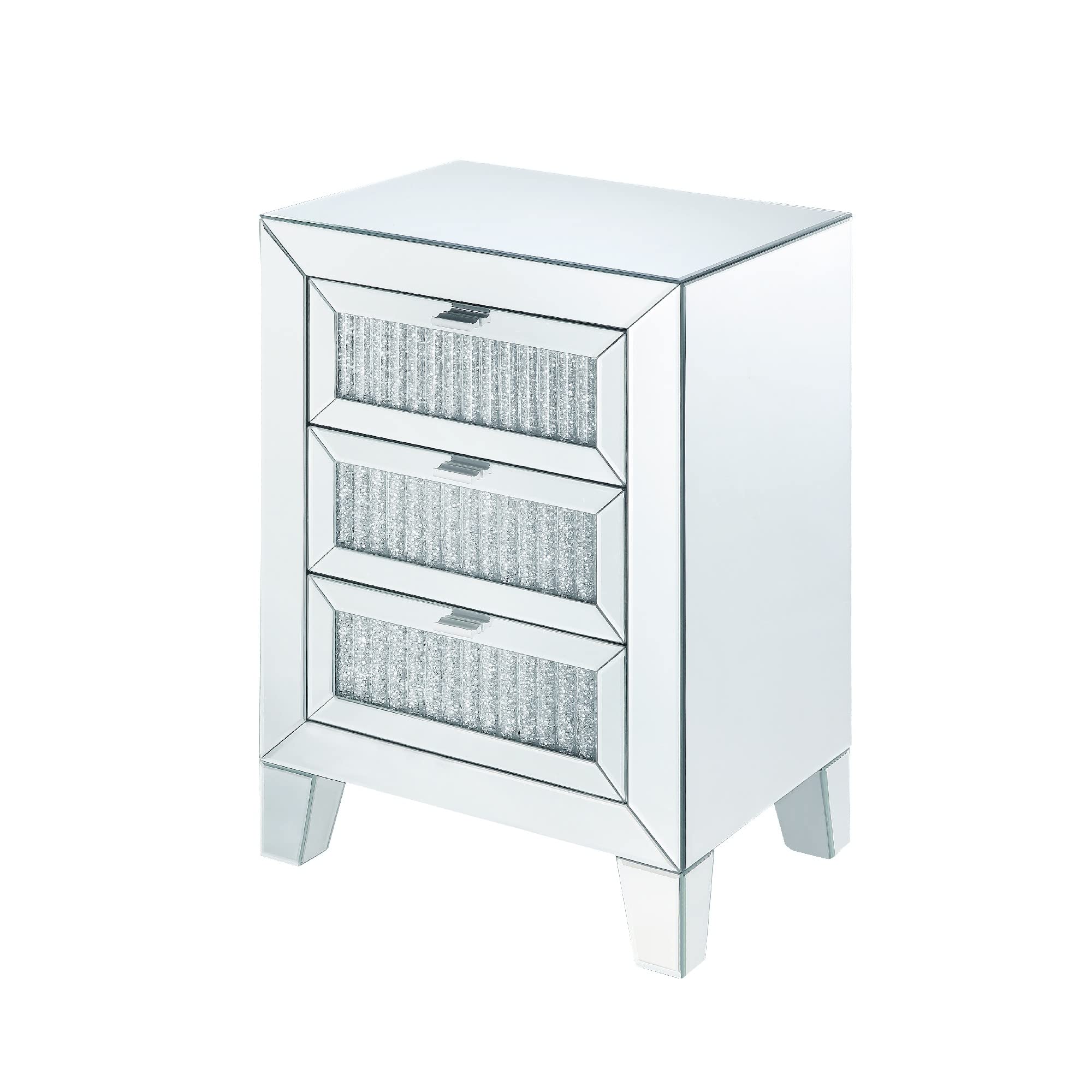 Benjara Contemporary Style Wooden Mirrored Night Table With Three Drawers, Silver