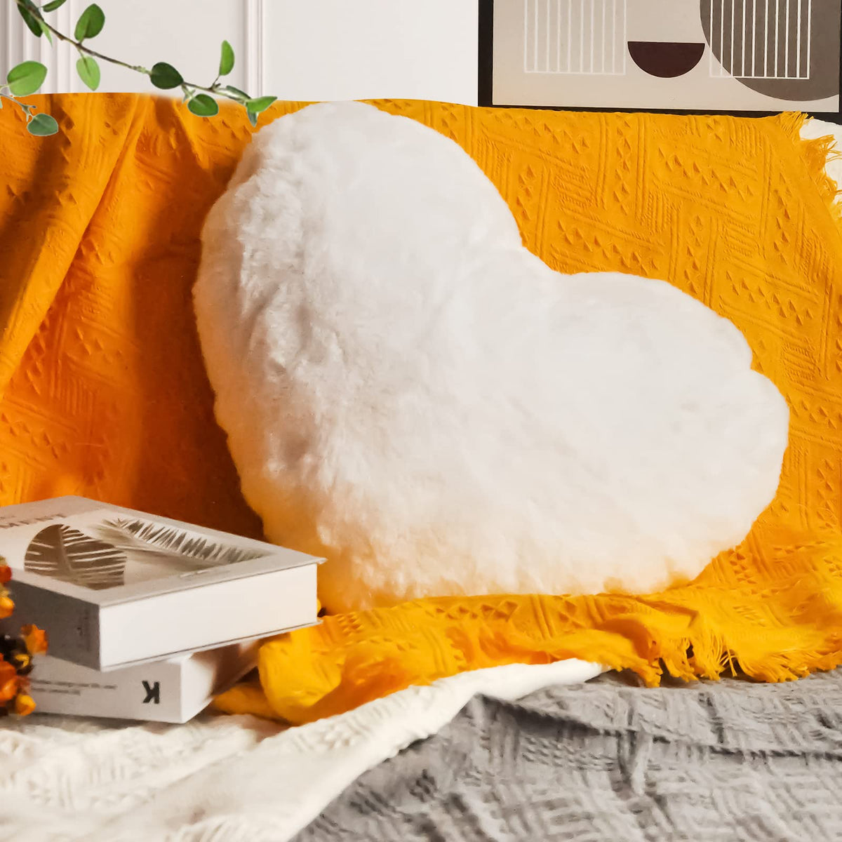 Yrxrus Heart Pillow, White Heart Shaped Pillows Decorative Pillow, Love Coquette Room Decor, Spring Throw Pillows, Faux Rabbit F