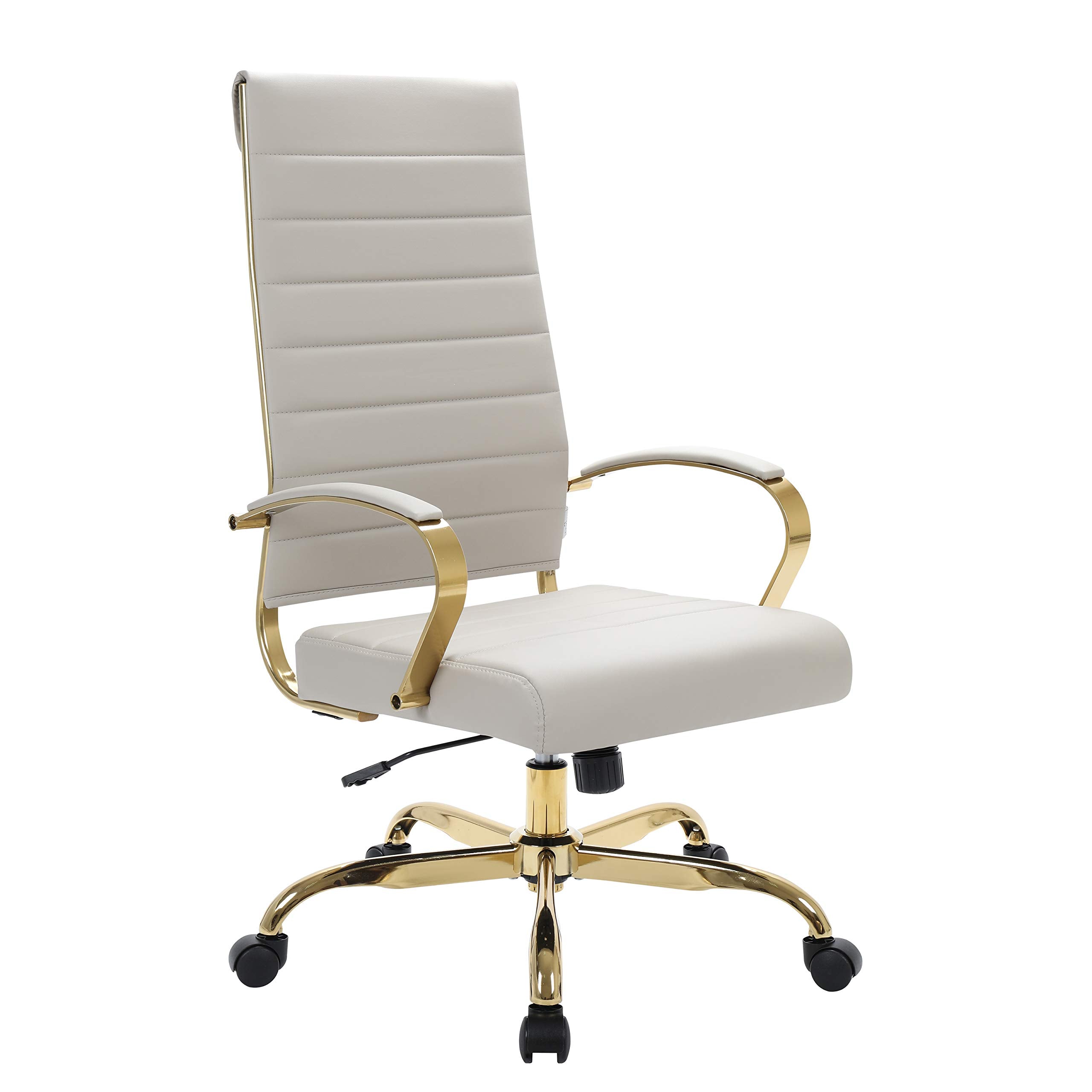 LeisureMod Benmar High-Back Tan Leather Office Desk Chair Ergonomic Executive Chair with Adjustable Swivel, Gold Frame with Cush