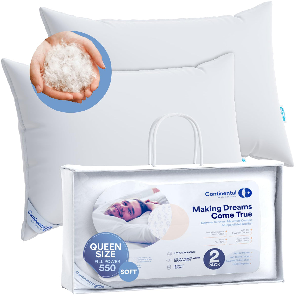100% Luxury Down Pillows Queen Size Set Of 2 - Family Made In New York - Breathable Bed Pillows For Sleeping, Back, Side, Stomac
