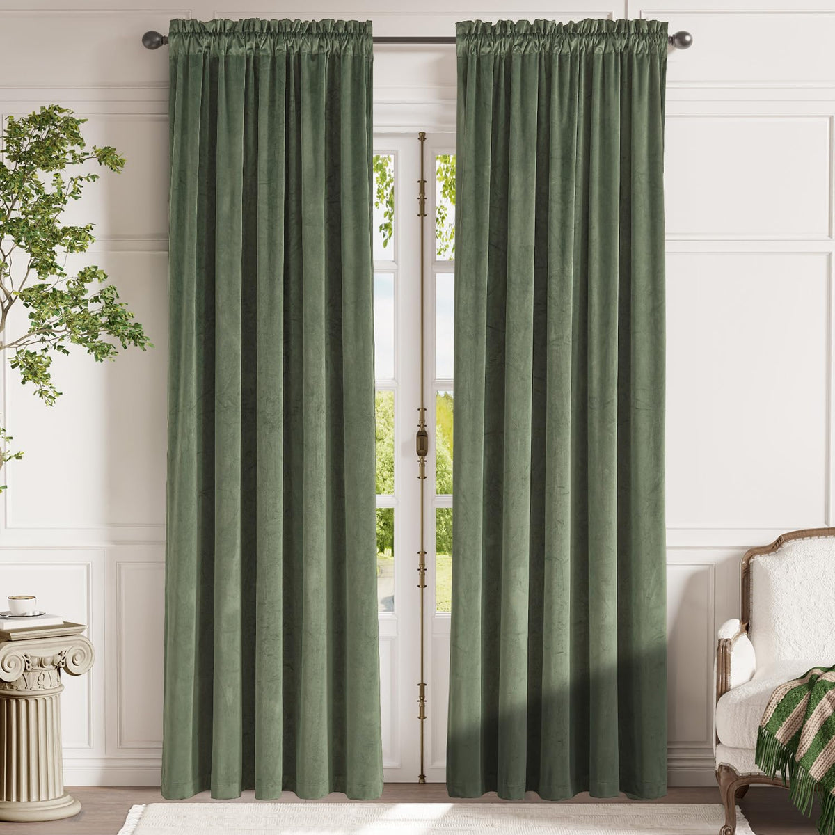 Lazzzy Velvet Blackout Curtains Green 90 Inch Long Thermal Insulated Curtain Heavy Duty Drapes Room Darkening Blackout Curtains