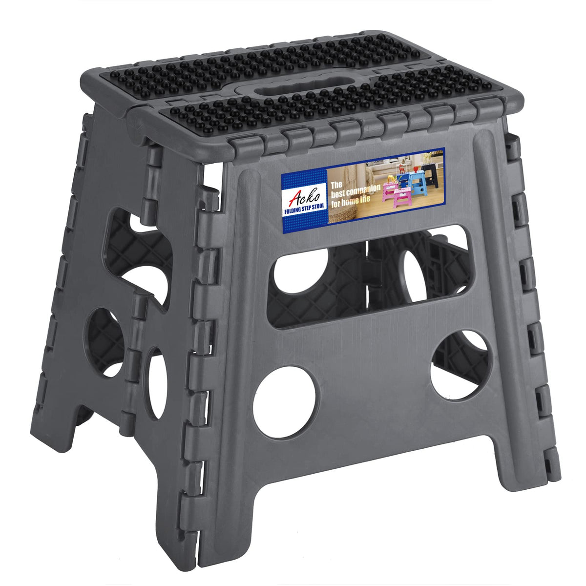 Acko Folding Step Stool 13 Inch Height Premium Heavy Duty Foldable Step Stools For Adults And Kids, Kitchen Plastic Small Collapsible Stepping Stool Hold Up To 300 Lb Dot Grey (1 Pack)