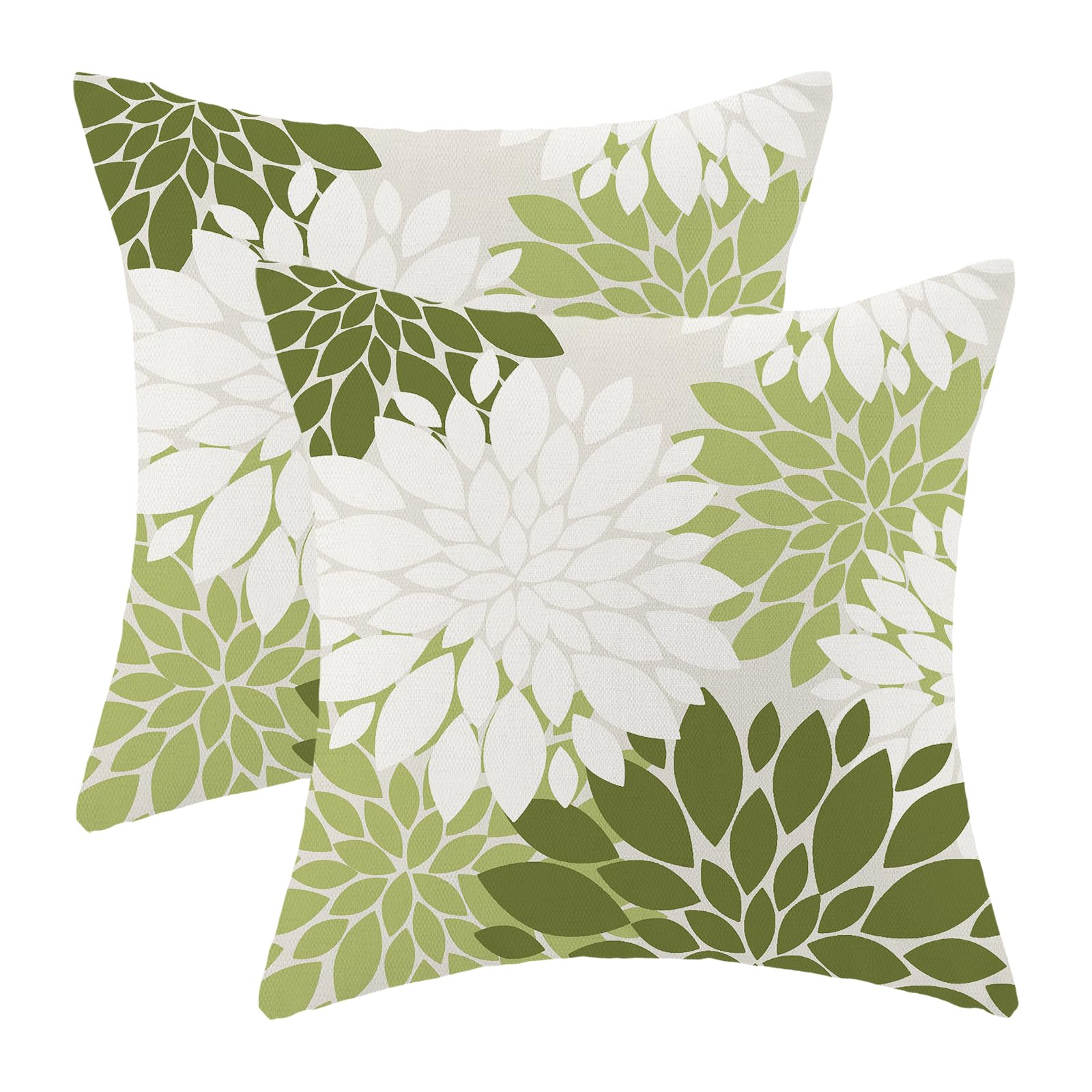 CXMEIFLY Sage Green White Summer Outdoor Pillow Covers 18x18 Inch Set of 2 Olive Green Dahlia Floral Decor Throw Pillows Modern 