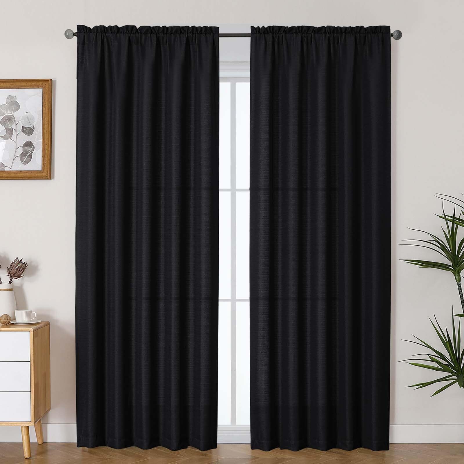 Lecloud Bessie Faux Linen Black Curtains 2 Panels 84 Inches Long, Airy Light Filtering Privacy Drapes with Rod Pocket for Bedroo