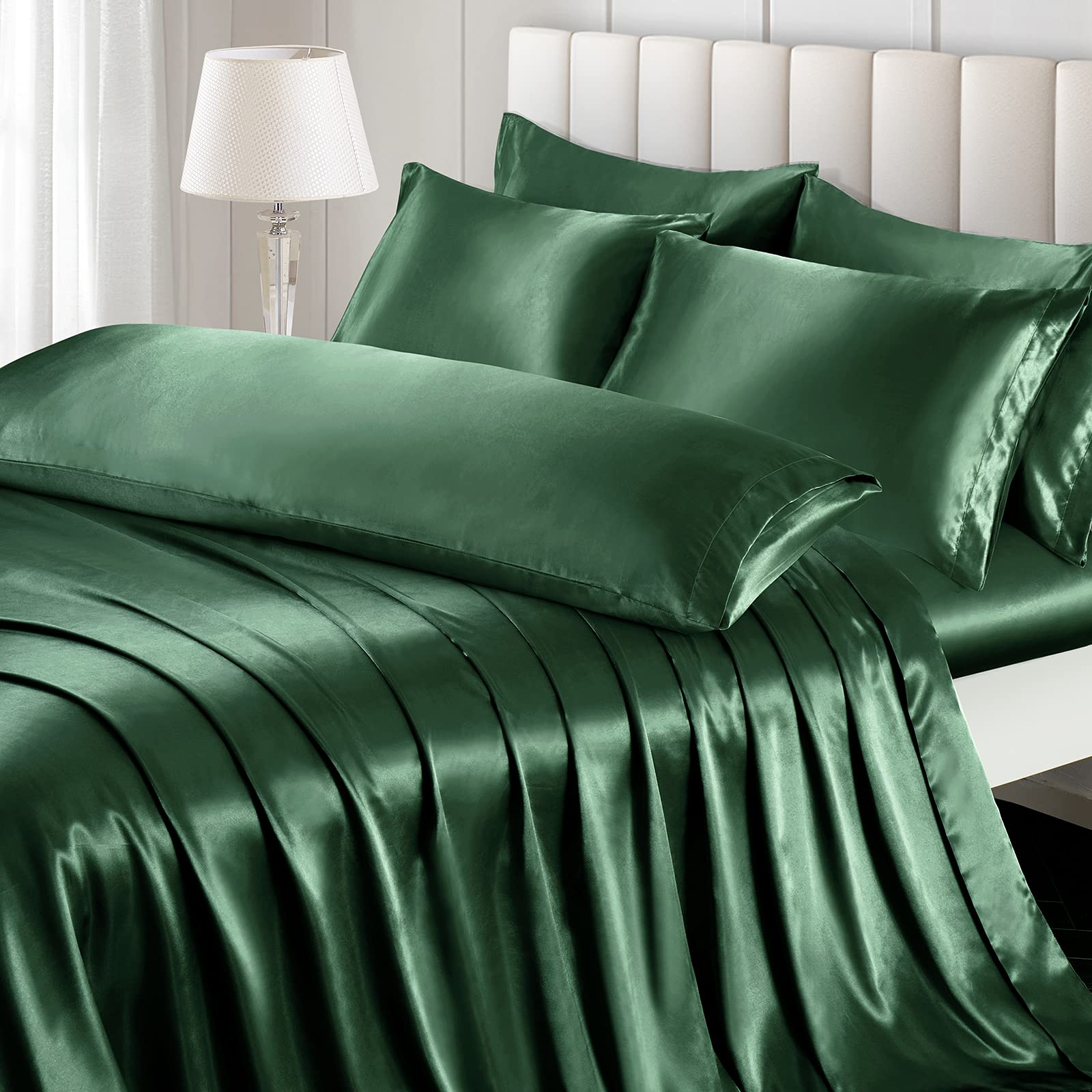 Ersmak 7 Pieces Satin Sheets Set Queen Size, Luxury Silky Emerald Green Satin Bed Sheets Set With 1 Deep Pocket Fitted Sheet, 1