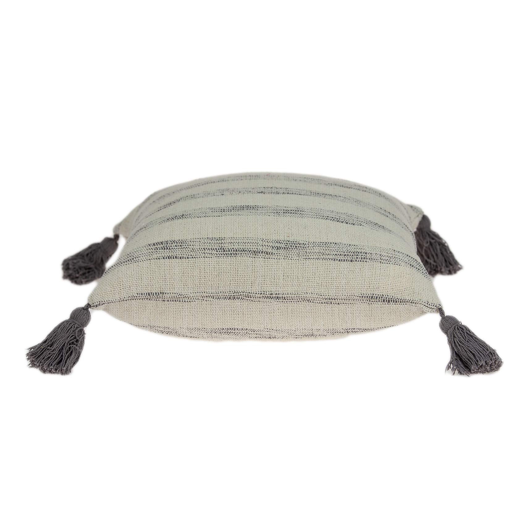 HomeRoots 100% Cotton Parkland Collection Seema Transitional Beige Printed Striped Tassel Pillow Cover with Down Insert