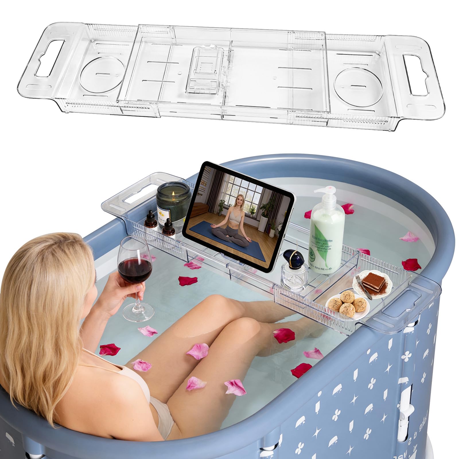 HLCZLUZ Foldable Bathtub Tray, Expandable to 80cm Acrylic Bath Tray for Tub, Bath Tub Tray Shower Storage Rack, Bath Table Trays