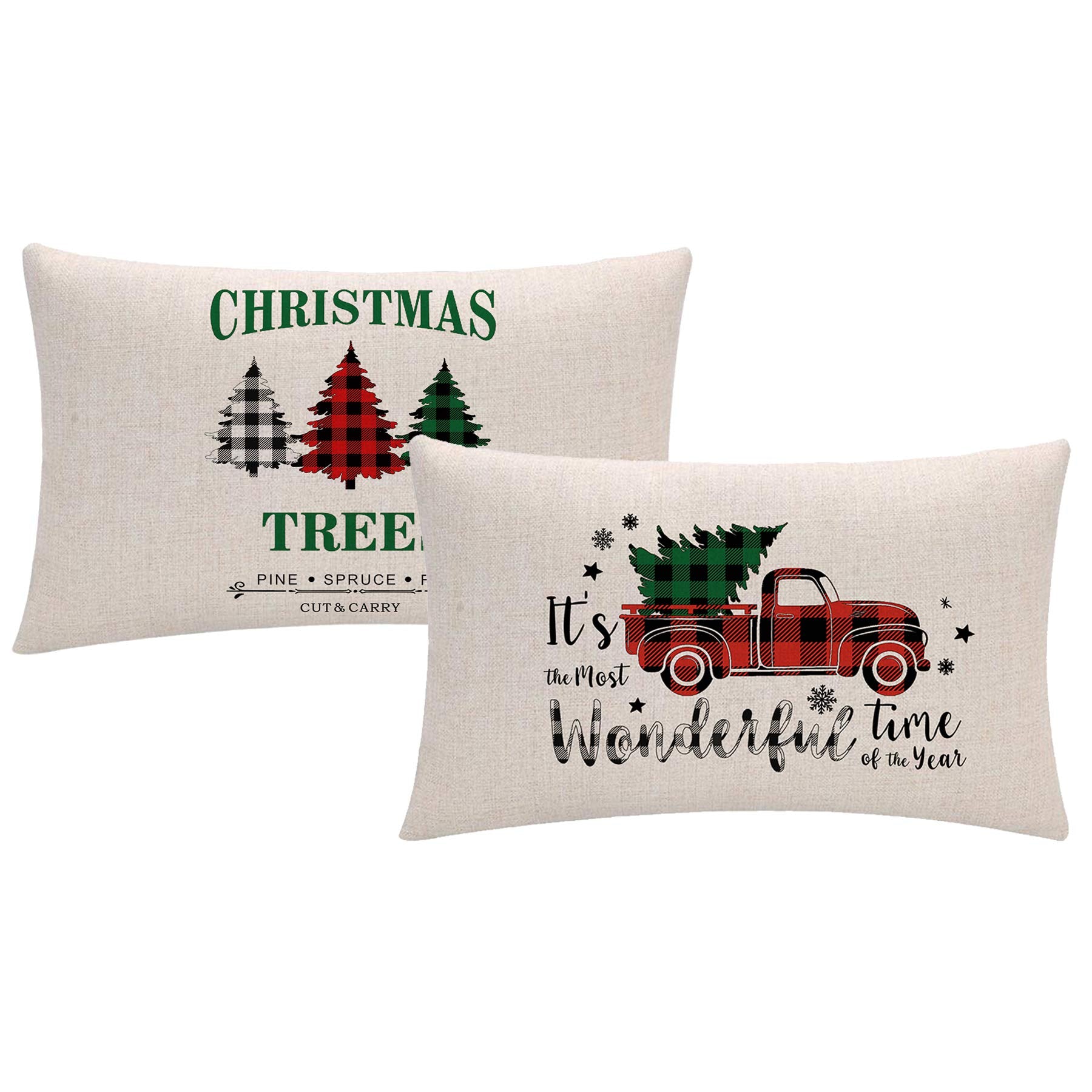 Buffalo Check Plaids Christmas Throw Pillow Covers 12X 20 Inches Red Black Green Xmas Trees/Wonderful Time Truck Farmhouse Winte