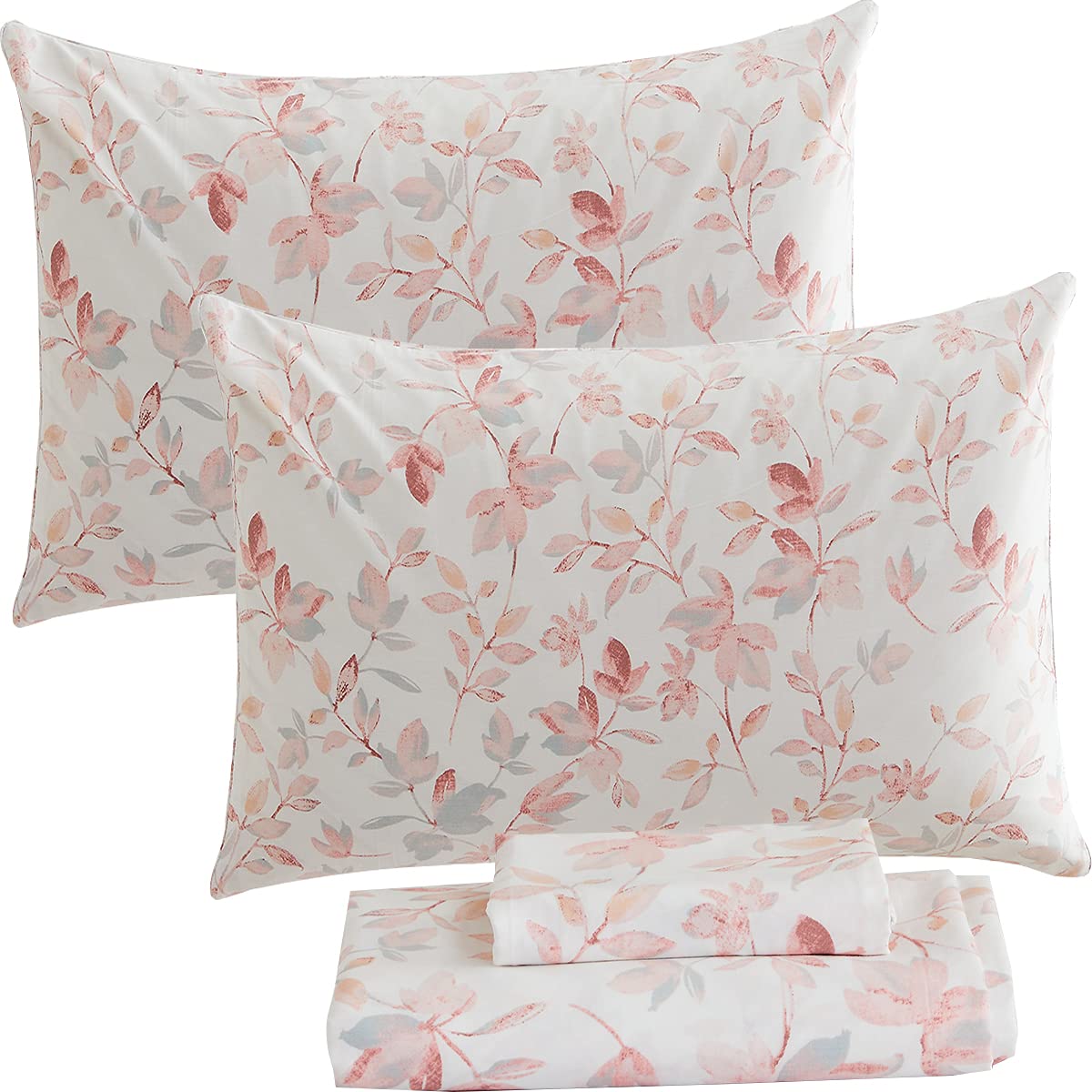 Fadfay Cotton Sheets Set Queen, Blush Pink Sheet Set Soft Girls Elegant Floral And Branches Leaves Printed Deep Pocket Fitted Sh