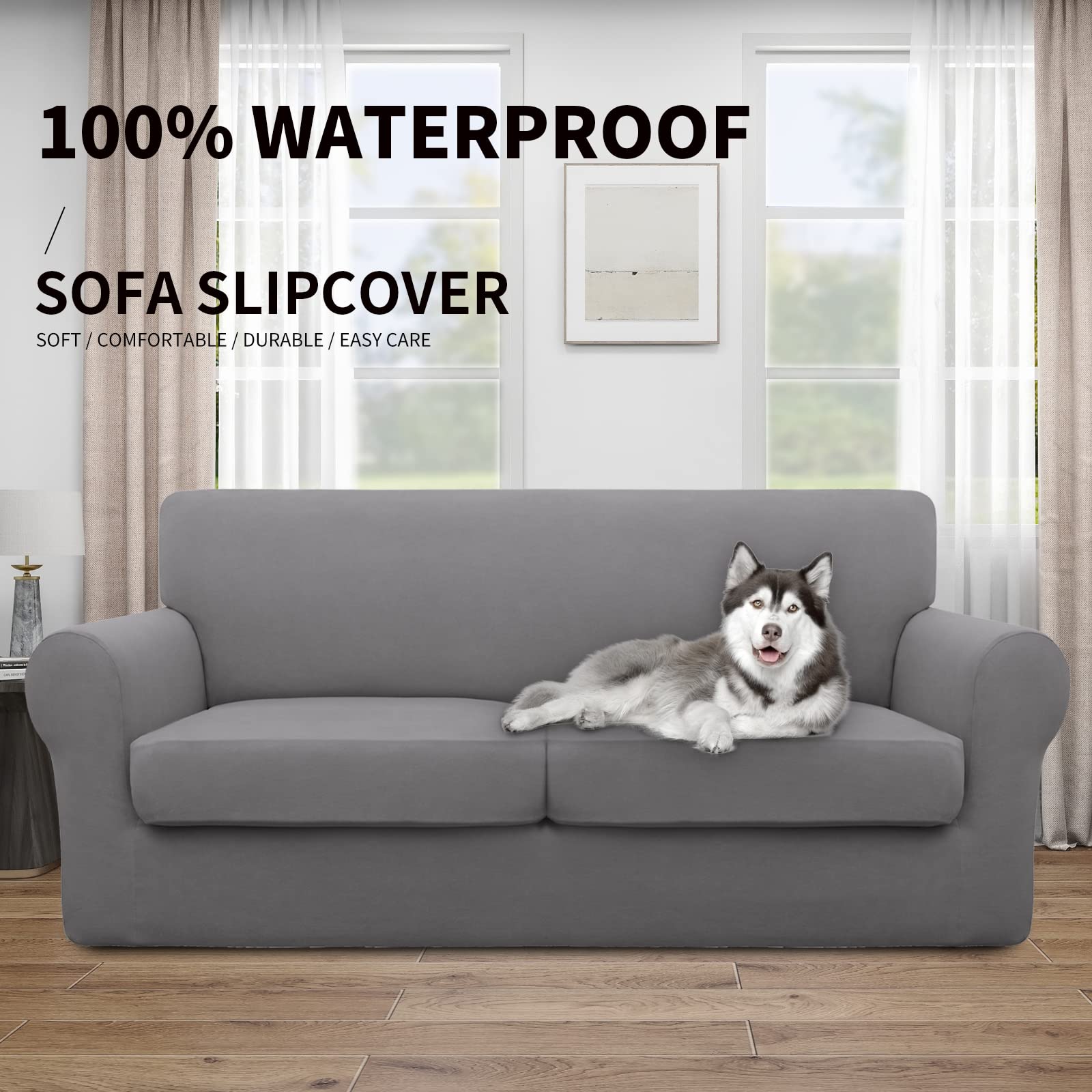 Easy-Going 100% Dual Waterproof Oversized Loveseat Cover Stretch Soft Couch Cover For Dogs, Sofa Slipcover For 2 Separate Cushion Couch Leakproof Furniture Protector For Kids, Pets Light Gray